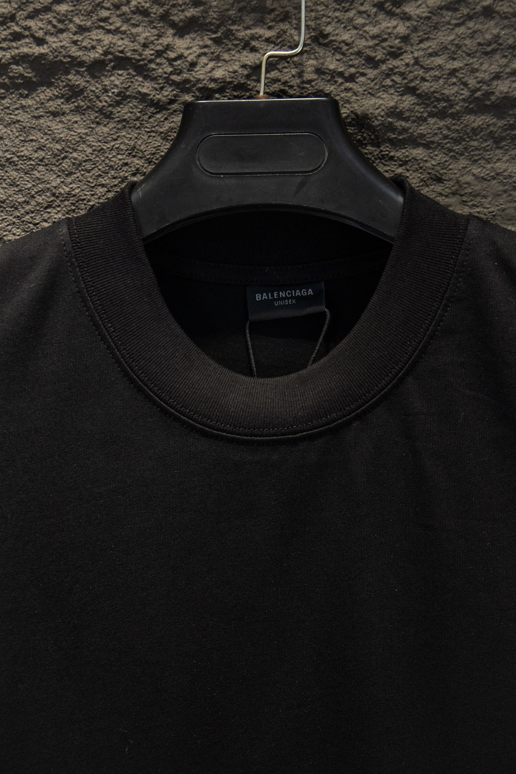 Balenciaga black short-sleeve T-shirt, ribbed crew neckline close-up
