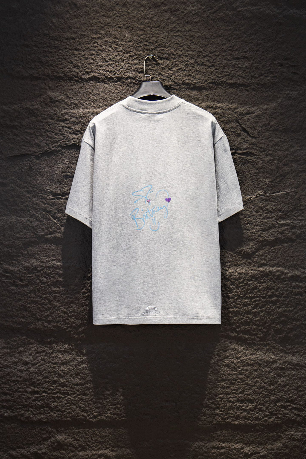 Balenciaga short-sleeve T-shirt, light gray, small blue graphic on back