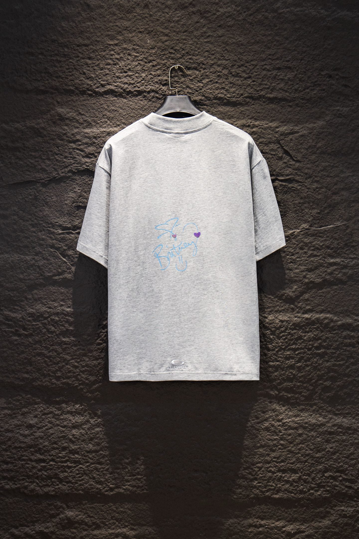 Balenciaga short-sleeve T-shirt, light gray, small blue graphic on back