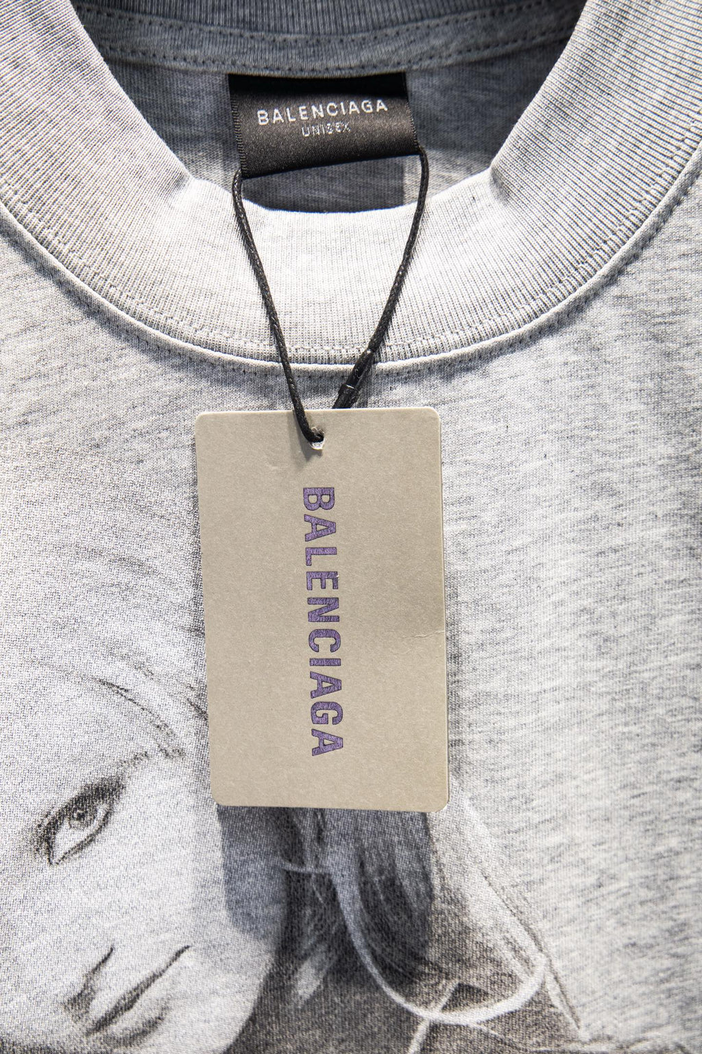 Balenciaga short-sleeve T-shirt, light gray, crew neck with hanging BALENCIAGA tag