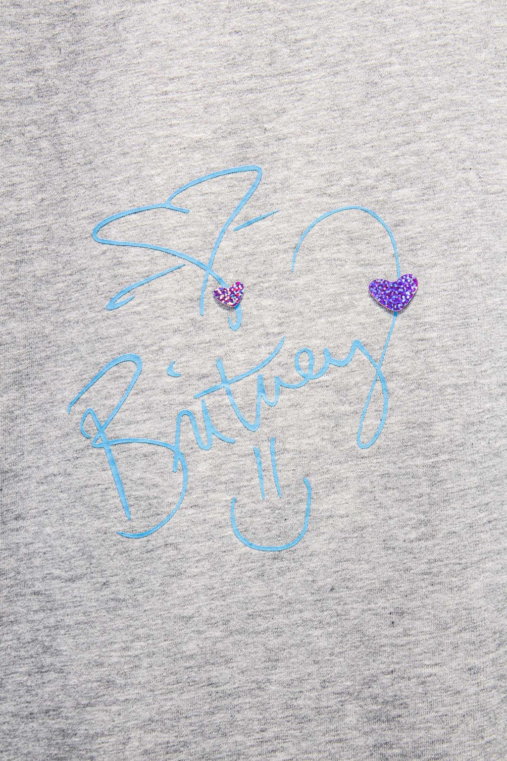 Balenciaga short-sleeve T-shirt, light gray, blue signature-style print with purple hearts