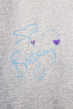Balenciaga short-sleeve T-shirt, light gray, blue signature-style print with purple hearts