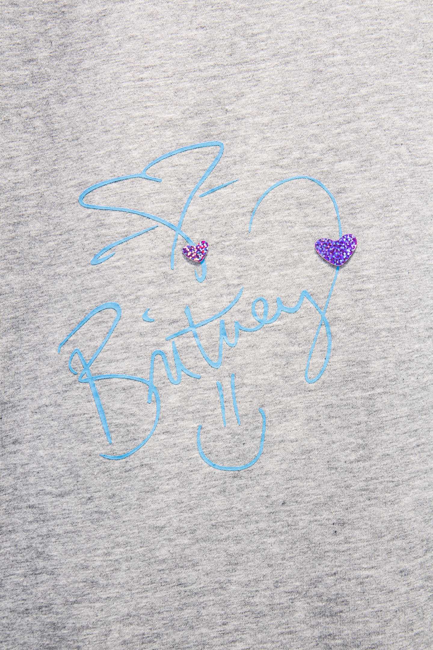 Balenciaga short-sleeve T-shirt, light gray, blue signature-style print with purple hearts