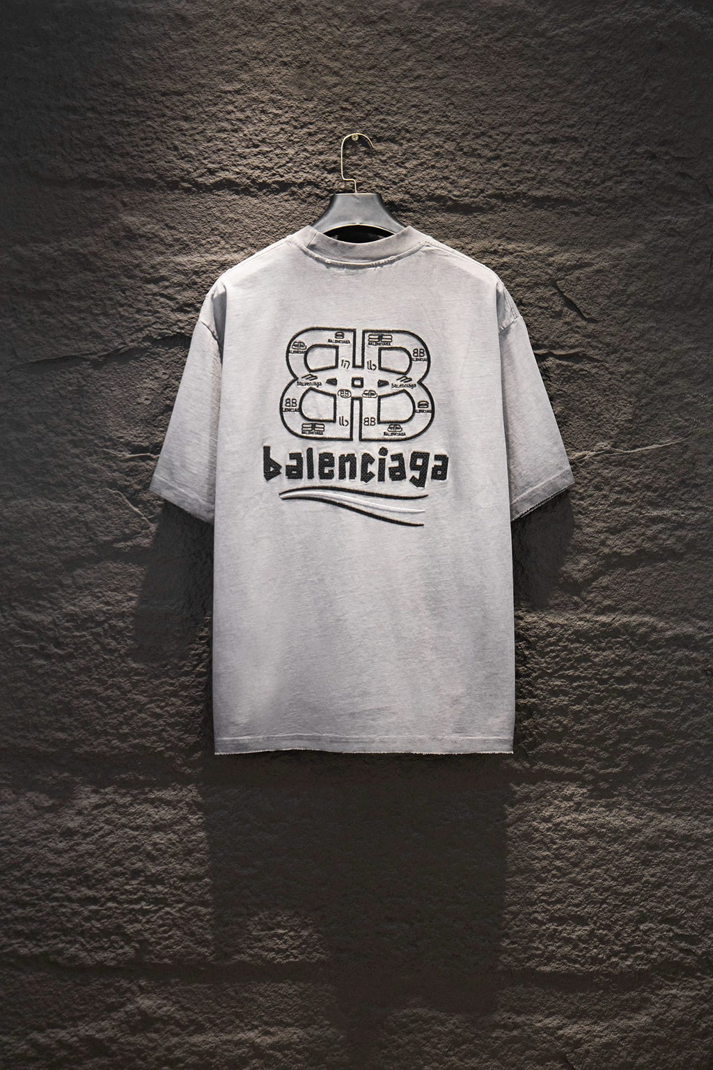 Light gray short-sleeve T-shirt with large back Balenciaga logo graphic