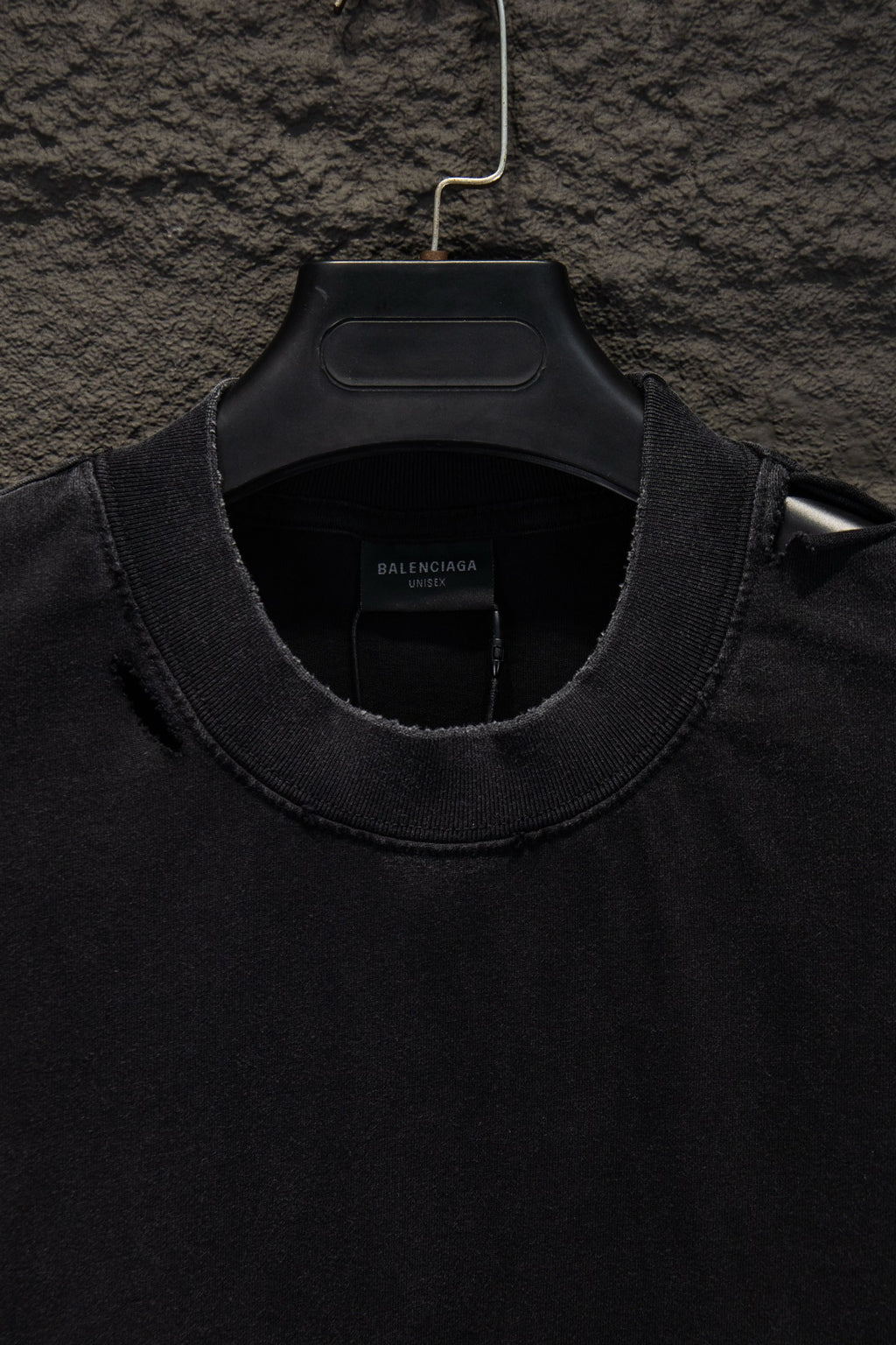 Balenciaga short-sleeve T-shirt neckline detail with brand label, black