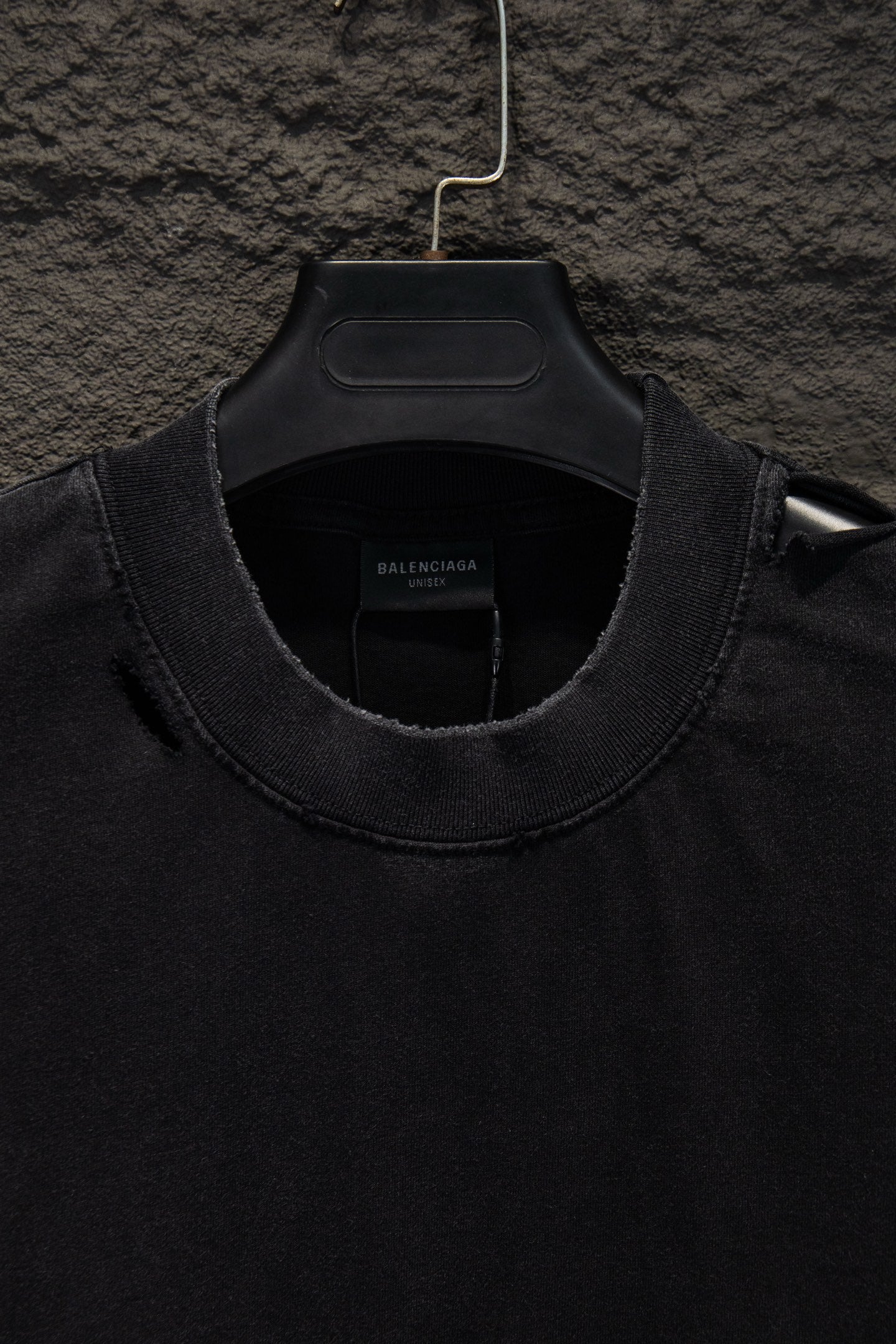 Balenciaga short-sleeve T-shirt neckline detail with brand label, black