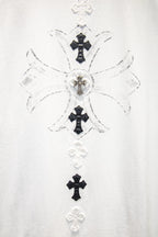 White T-shirt front with detailed cross graphic cluster in black and white