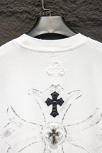 White T-shirt back with large cross emblem and radiating connector lines