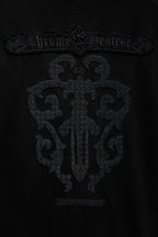 Black T-shirt with large embroidered emblem and ornamental lettering
