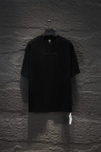 Black short-sleeve T-shirt with small chest logo print