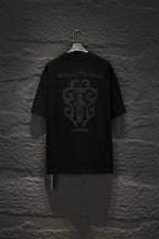 Black short-sleeve T-shirt with large centered crest graphic