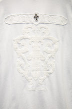 Embossed V-shaped face graphic on white crewneck T-shirt