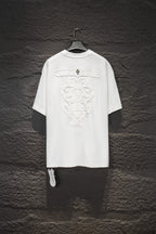 White short-sleeve T-shirt with large embossed back graphic