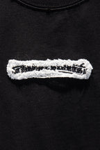 Black T-shirt with white embroidered stripe patch