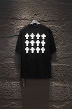 Black T-shirt back with white cross graphic print