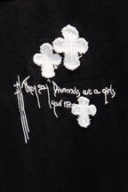 Black short-sleeve T-shirt chest print with three white cross motifs