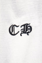 White short-sleeve T-shirt with black stylized monogram logo.