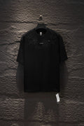 Black short-sleeve T-shirt with ornate chest embroidery and small center logo