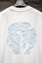 White T-shirt back with large light blue embroidered face graphic