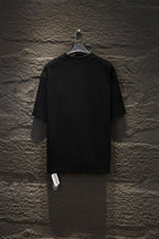 Black short-sleeve T-shirt back view on hanger