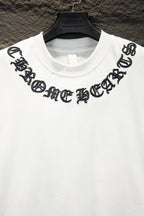 White T-shirt neckline with black embroidered-style graphic lettering