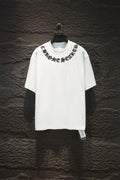 White short-sleeve T-shirt with black graphic logo across chest