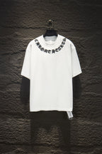 White short-sleeve T-shirt with black graphic logo across chest