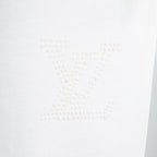 White T-shirt with raised studded logo graphic in tonal white.