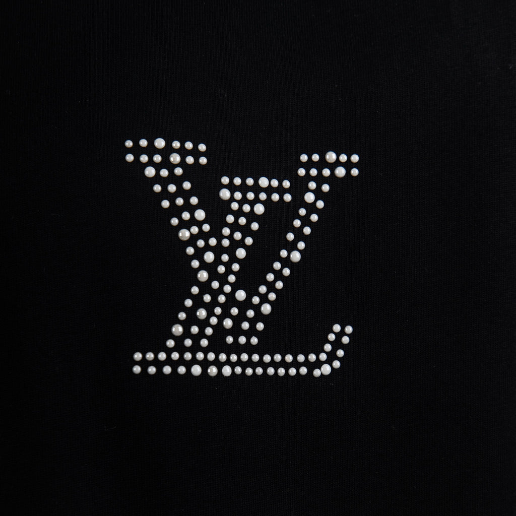Louis Vuitton rhinestone LV logo on black T-shirt chest