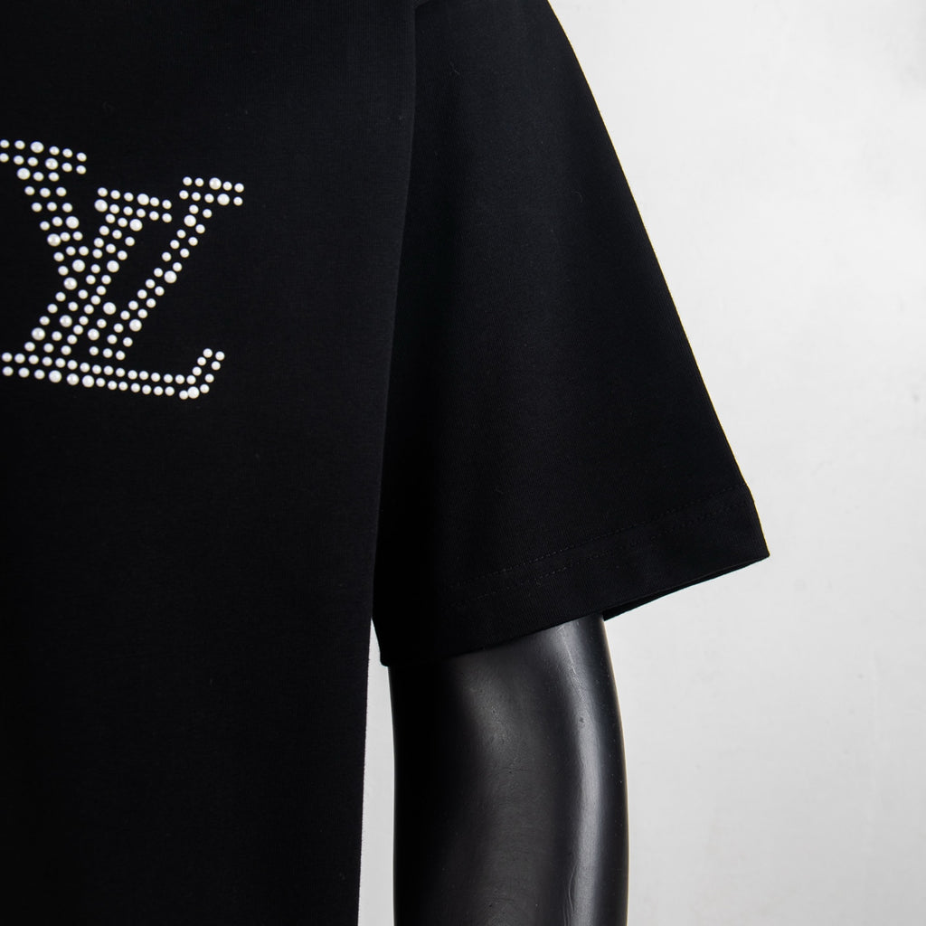 Black T-shirt sleeve with rhinestone LV motif