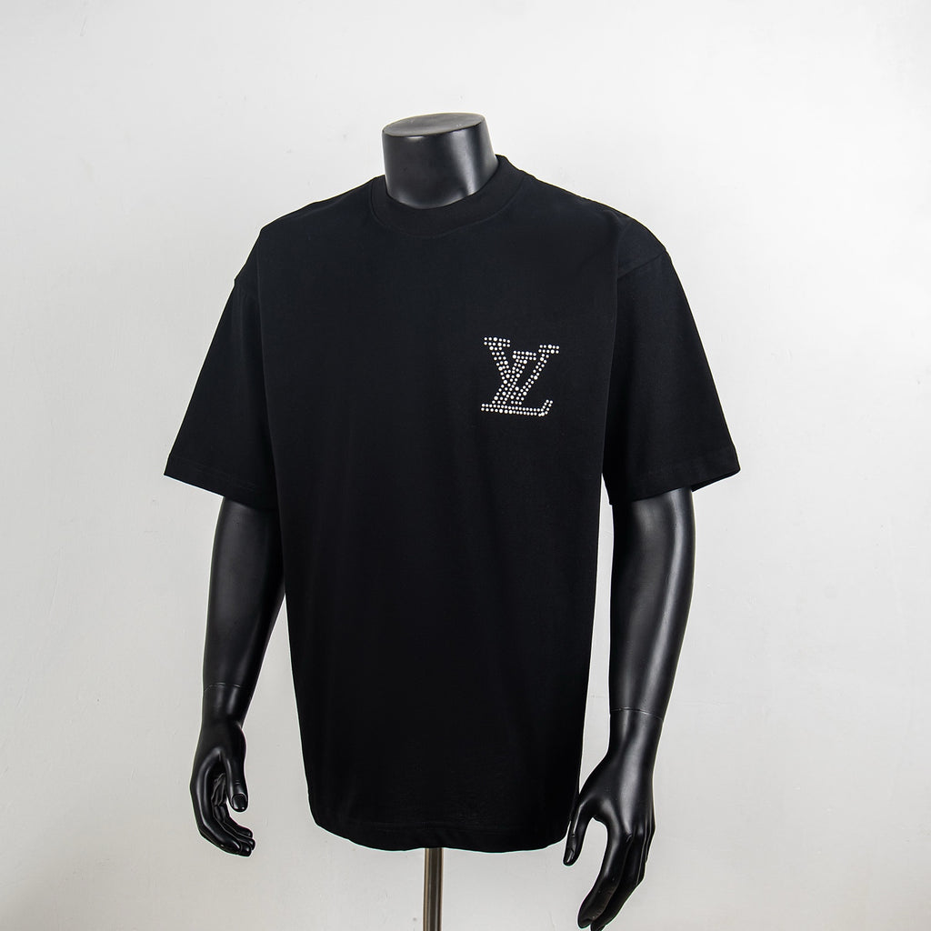 Black T-shirt with rhinestone Louis Vuitton LV logo on chest