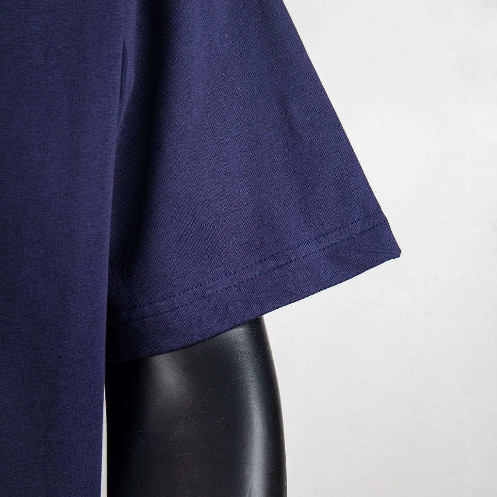 Side view dark navy short-sleeve T-shirt with straight stitched hem