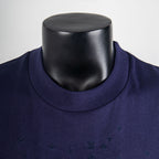 Dark navy short-sleeve T-shirt neckline with subtle allover logo pattern