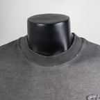 Gray crew-neck T-shirt with ribbed collar and small embroidered logo detail