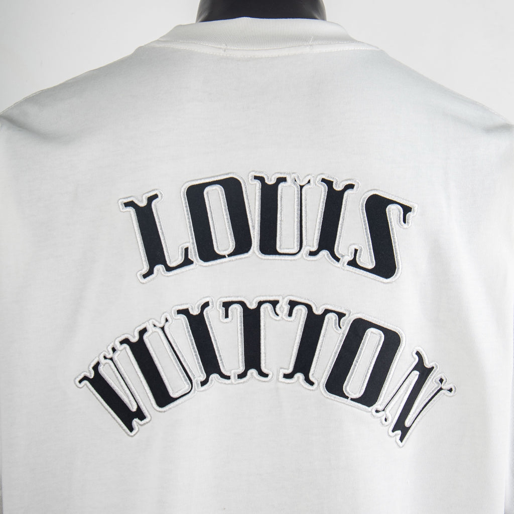 Back graphic lettering on a white short-sleeve T-shirt