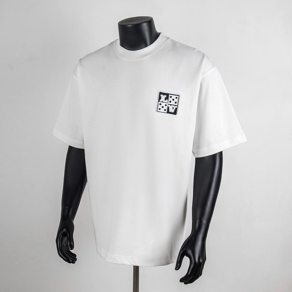 White short-sleeve T-shirt with small square logo patch on the chest