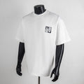White short-sleeve T-shirt with small square logo patch on the chest