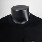 Black T-shirt neckline close-up with ribbed crew collar