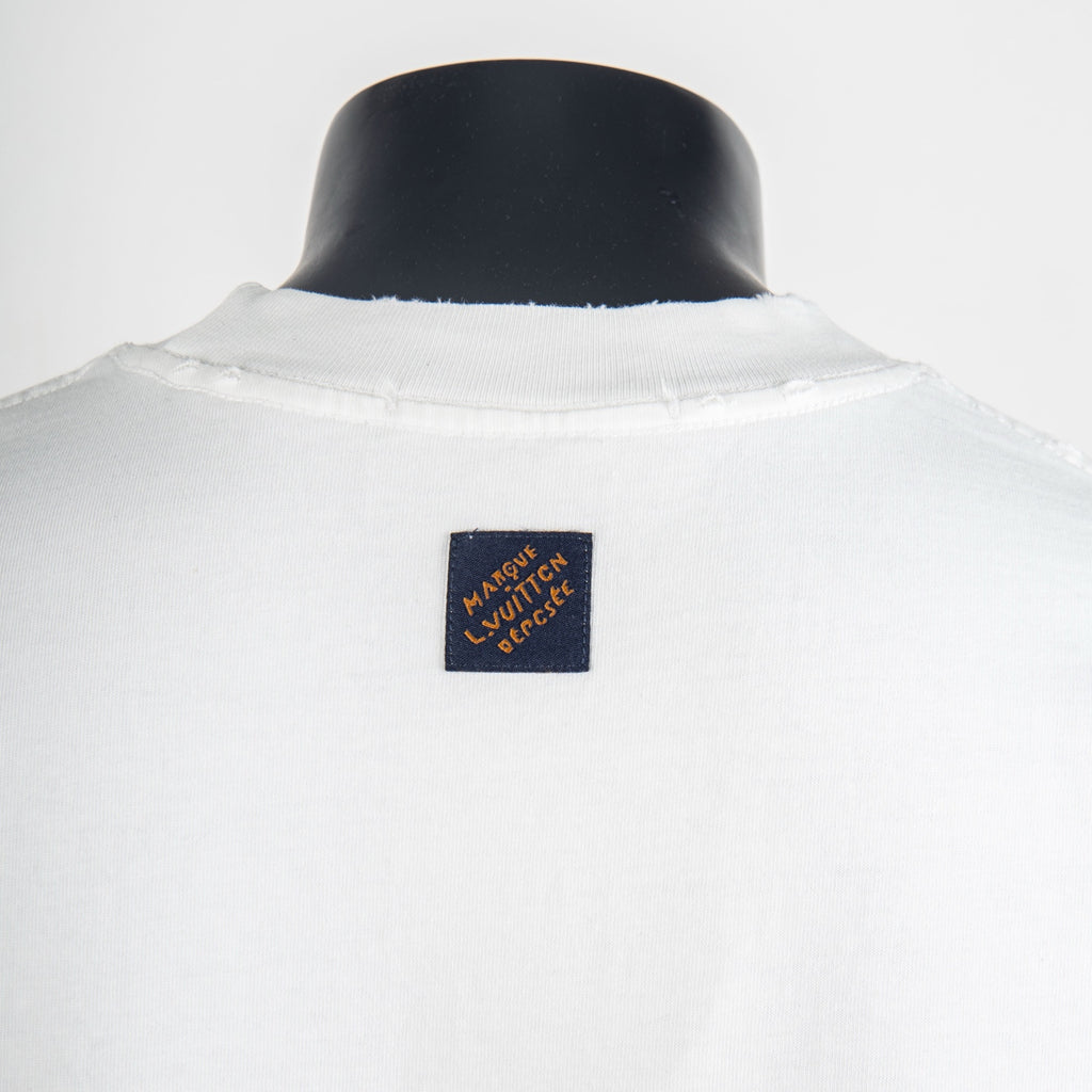 White crewneck T-shirt with blue back neck label