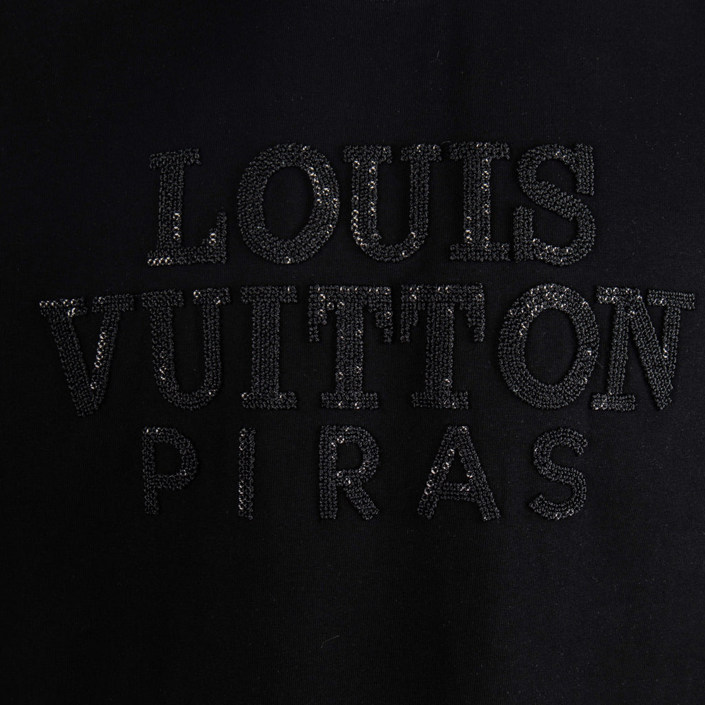 Black T-shirt front rhinestone 'LOUIS VUITTON PARIS' lettering