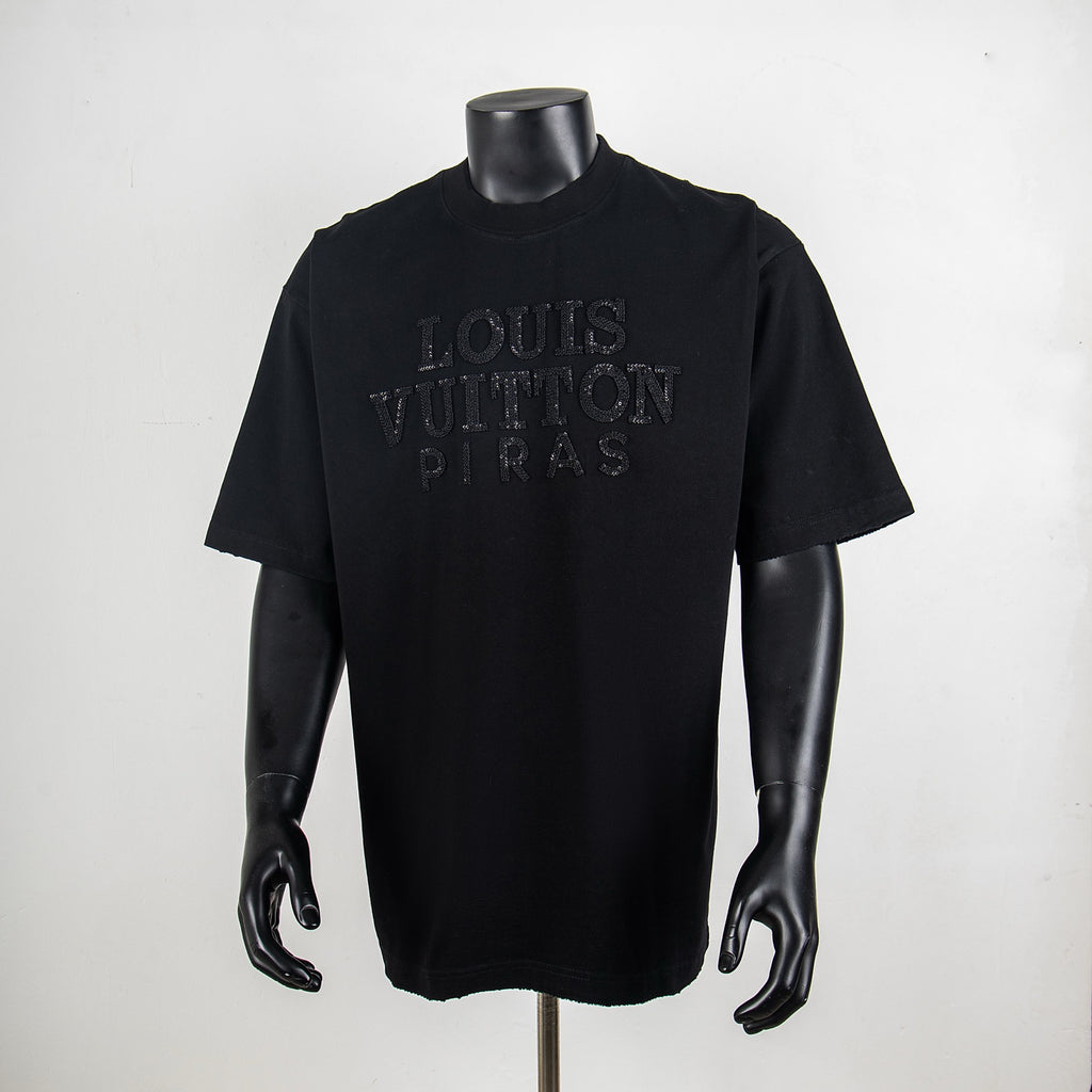 Black Louis Vuitton short-sleeve T-shirt with rhinestone-style logo on chest