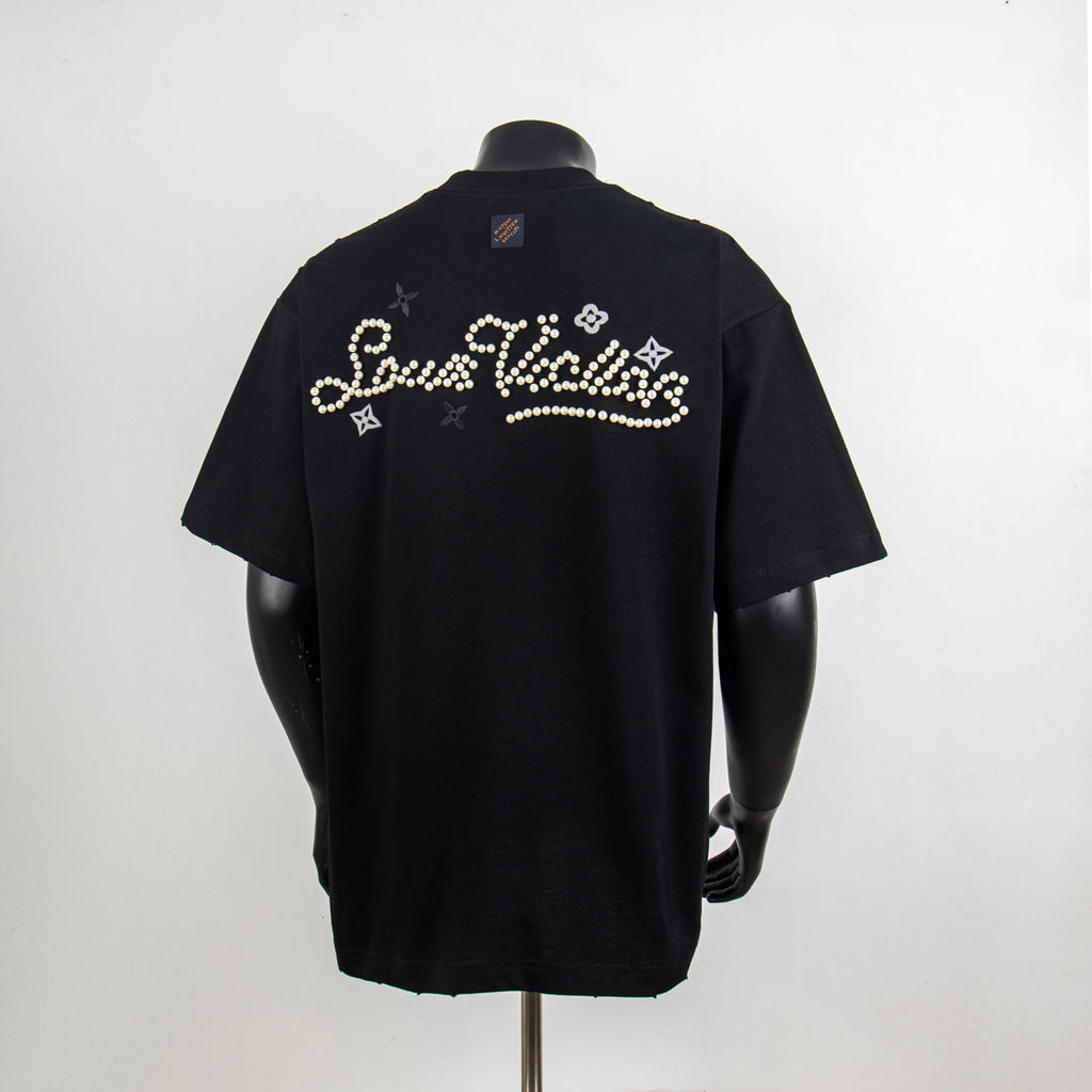 Black crewneck T-shirt with pearl embellishment script on the back