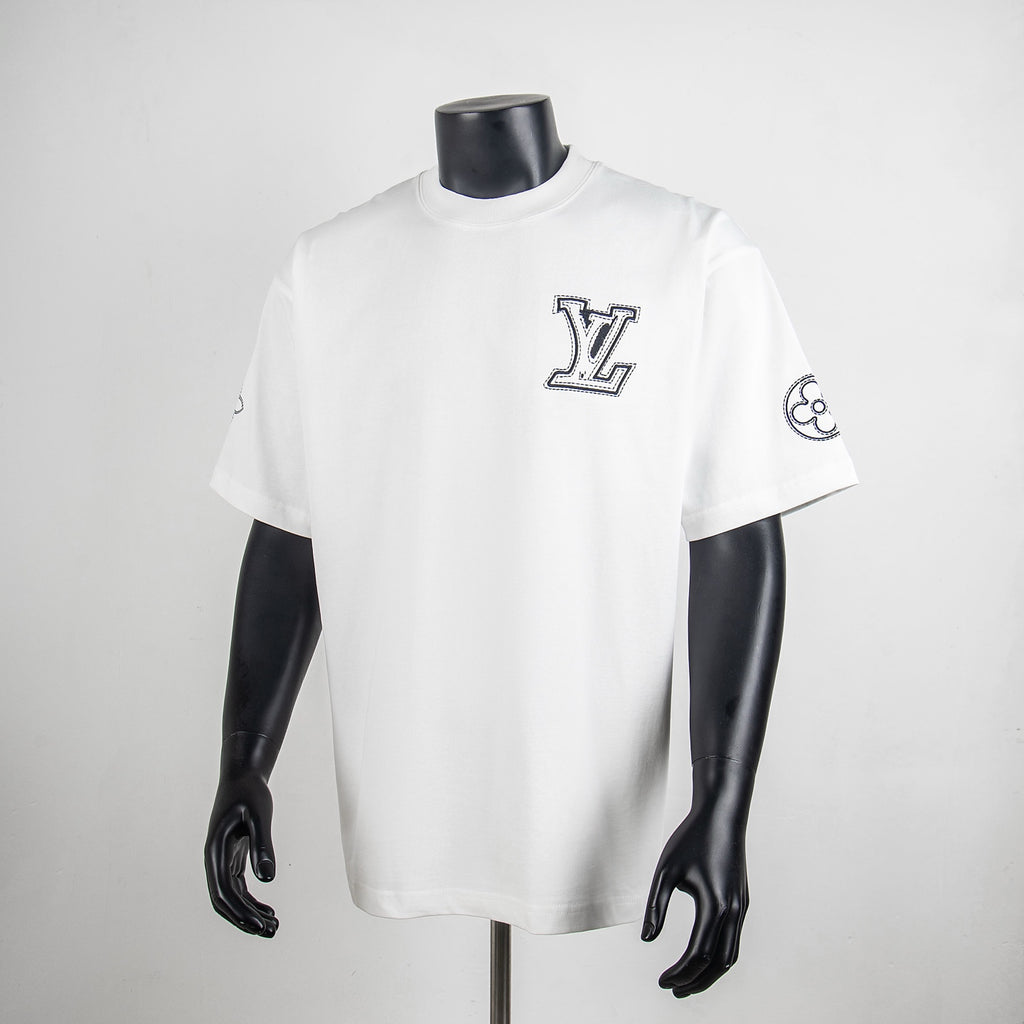 Louis Vuitton white crewneck short-sleeve shirt with LV logo and small sleeve graphic