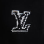 Black T-shirt with large white Louis Vuitton LV monogram embroidery on chest