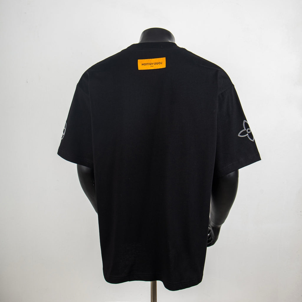 Black short-sleeve T-shirt with Louis Vuitton back neck label and sleeve emblem