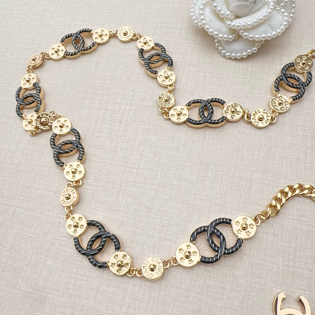 Chanel chain belt section with dark blue enamel interlocking links and gold round discs