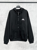 Balenciaga black long-sleeve pullover hoodie with drawstring and front pocket