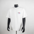 White short-sleeve T-shirt with small multicolor logo graphic at chest