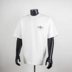 White short-sleeve T-shirt with small multicolor logo graphic at chest