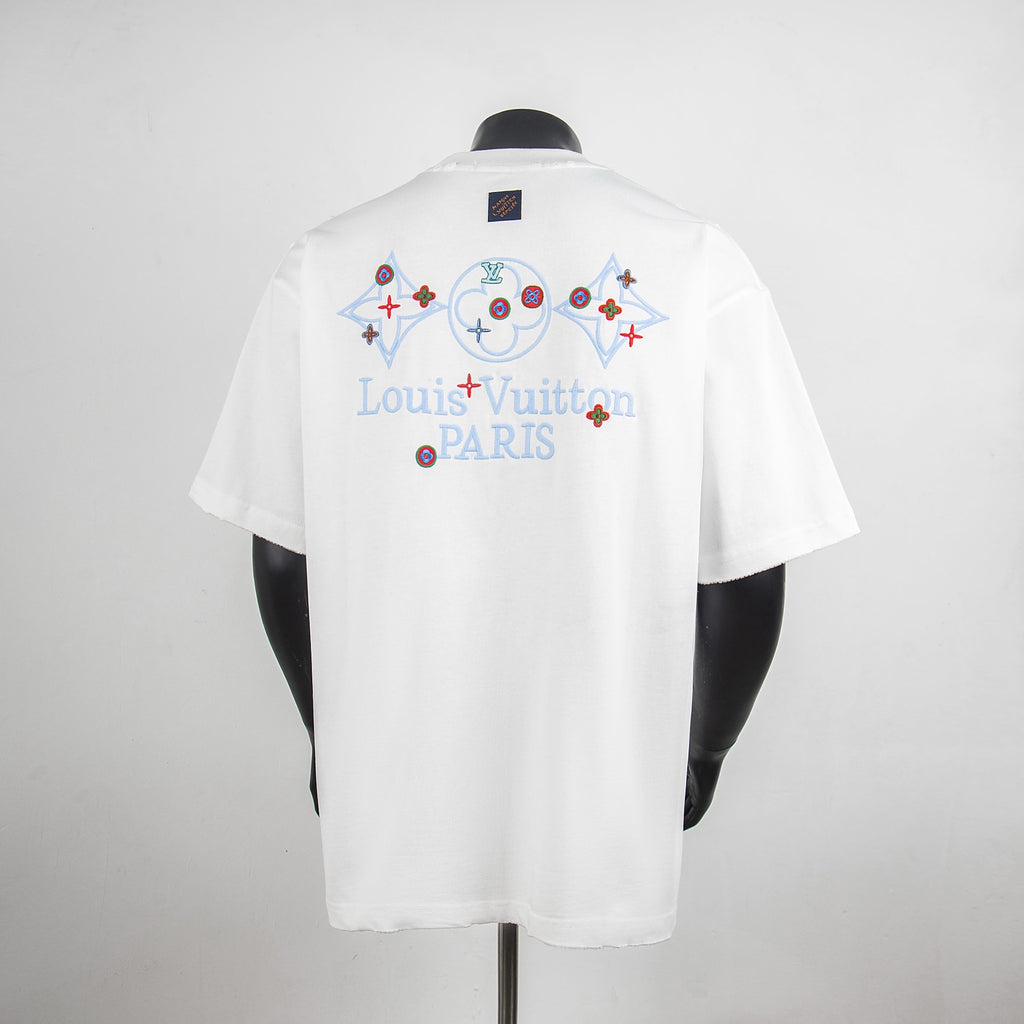 White short-sleeve T-shirt, back view, Louis Vuitton PARIS graphic and icons